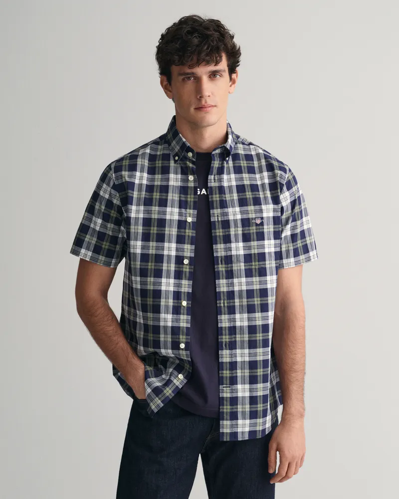 Gant Herren Regular Fit Popeline Kurzarmhemd mit Karomuster 