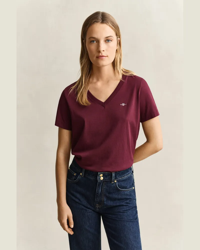 Gant Damen Shield V-Neck T-Shirt DARKENED WINE Darkened