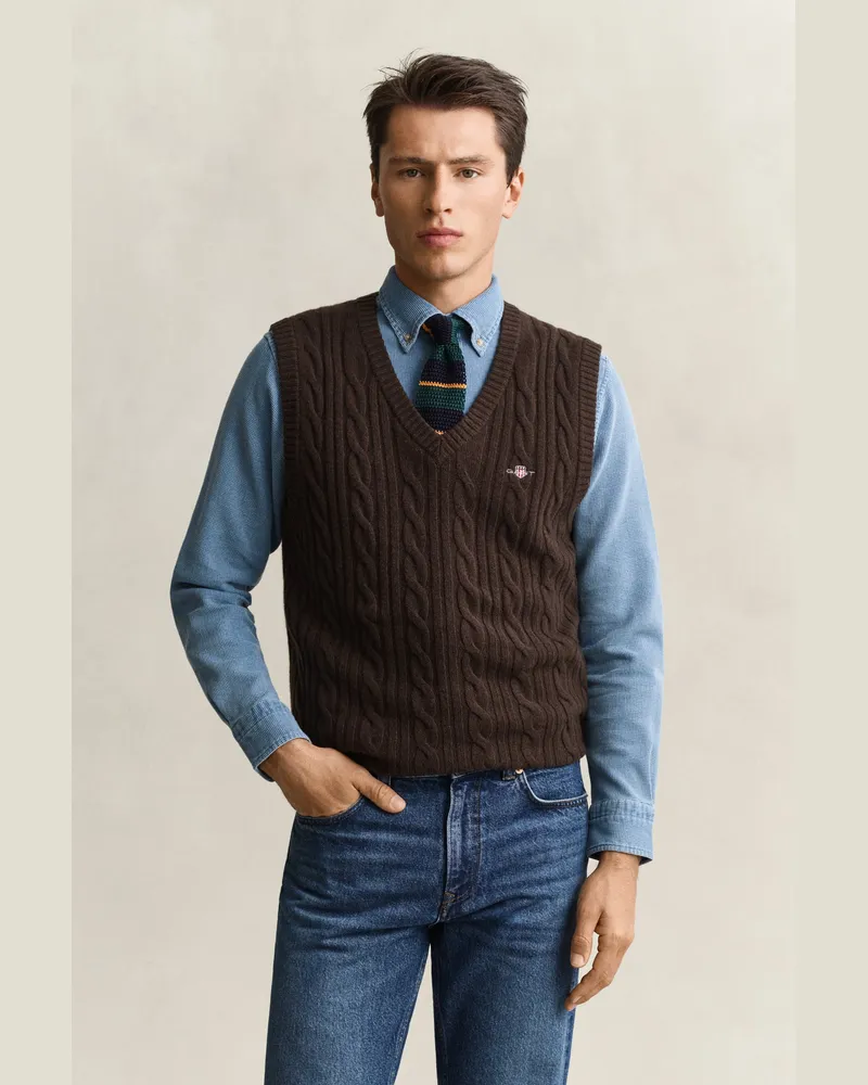Gant Herren Zopfstrick Pullunder aus Lambswool Schwarz Braun Schwarz
