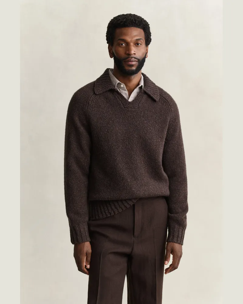 Gant Herren Polopullover aus Woll-Seiden-Gemisch DARK Braun MELANGE Dark