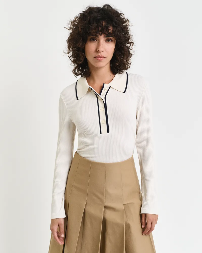 Gant Damen Geripptes Langarm-Poloshirt 
