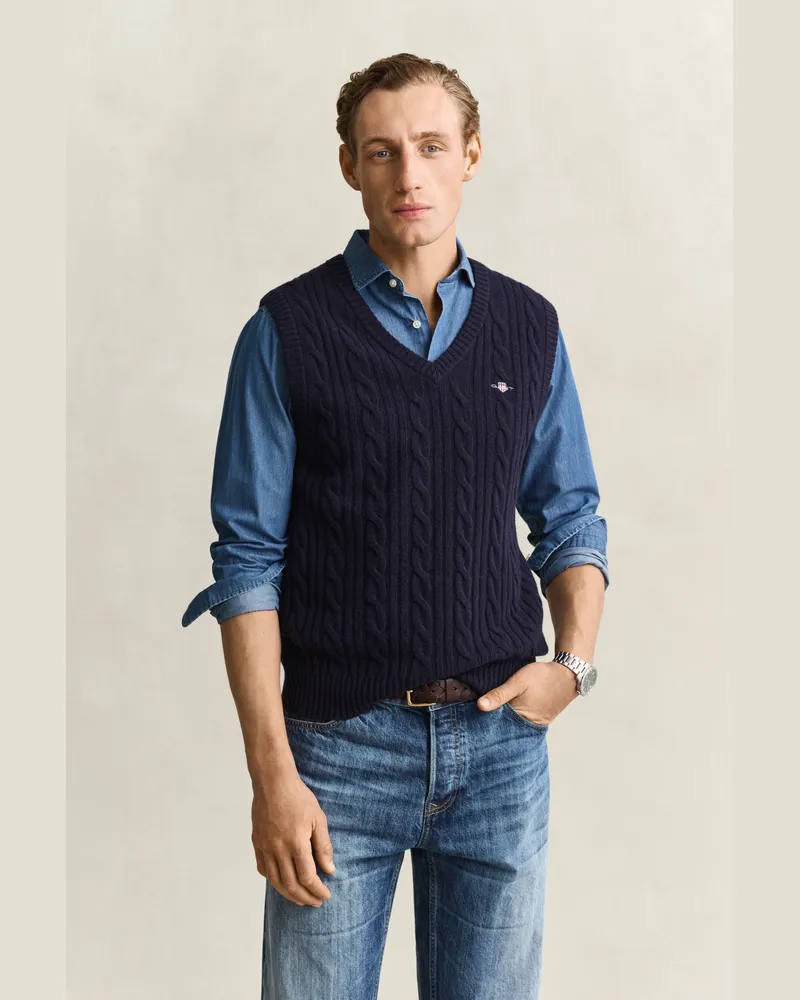 Gant Herren Zopfstrick Pullunder aus Lambswool EVENING Blau Evening