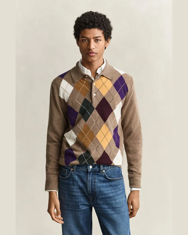Gant Herren Argyle Polopullover aus ultrafeiner Lambswool LIGHT Braun MELANGE Light