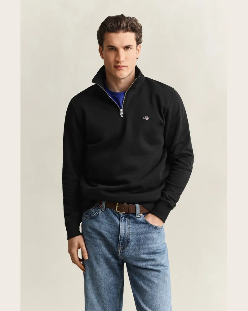 Gant Herren Shield Sweatshirt mit halblangem Reißverschluss Schwarz Schwarz