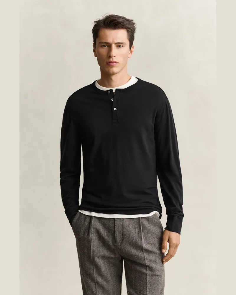 Gant Herren Henley-Shirt Schwarz Schwarz