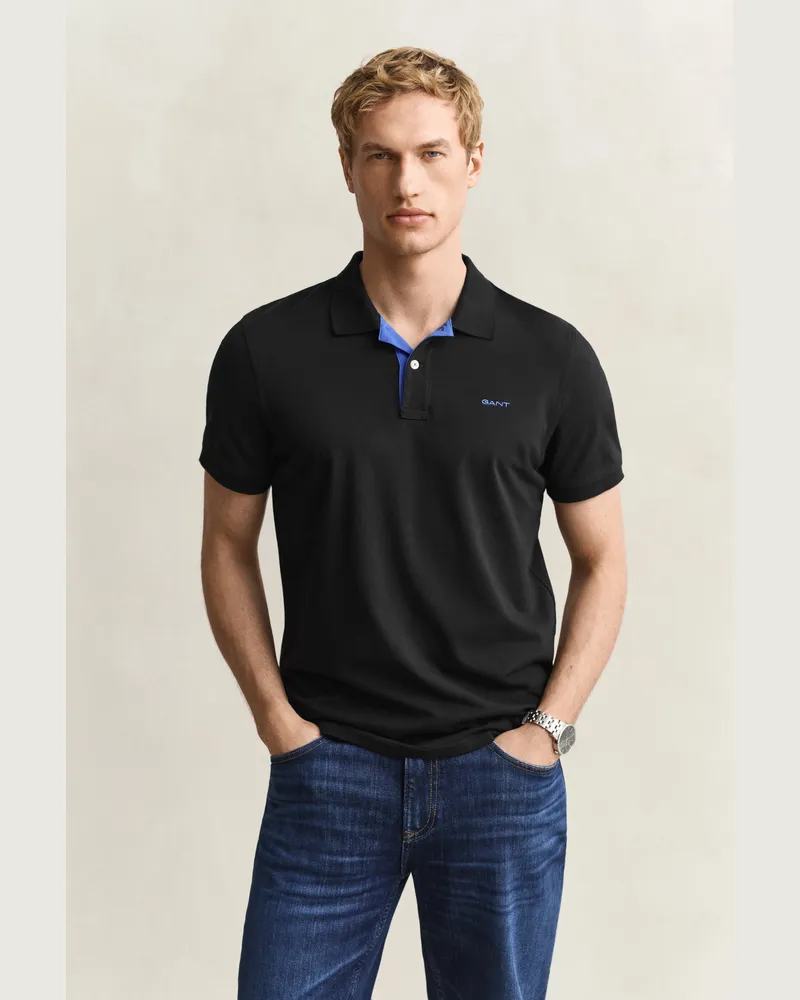 Gant Herren Kontrast Piqué Poloshirt Schwarz Schwarz