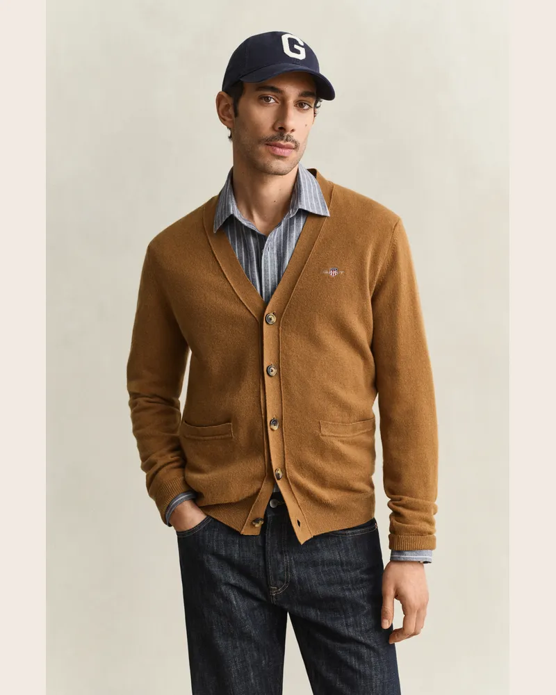 Gant Herren V-Neck Strickjacke aus Lambswool CARAMEL Braun Caramel