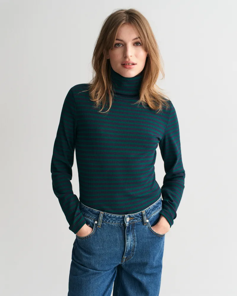 Gant Damen Geripptes Langarm-Rollkragenshirt mit Streifen 