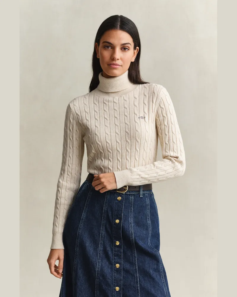 Gant Damen Zopfstrick Rollkragenpullover aus Stretch-Baumwolle FADED BEIGE Faded