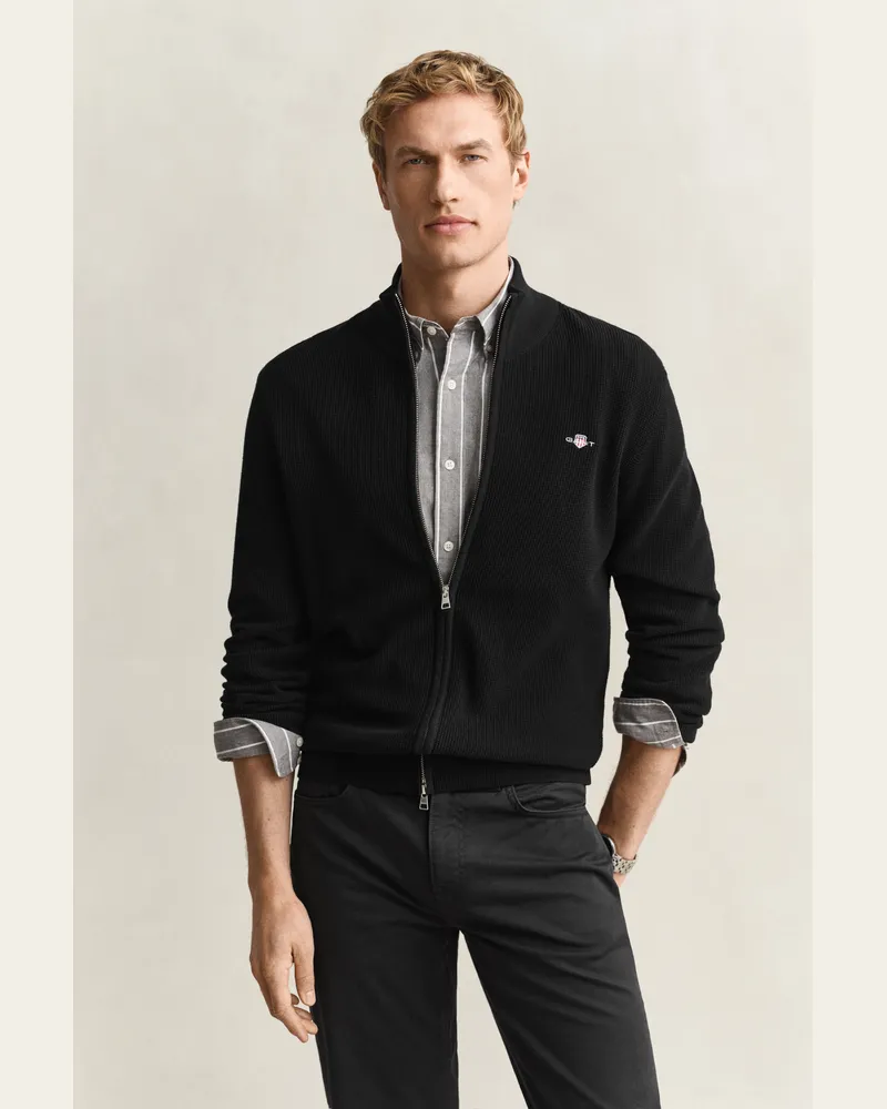 Gant Herren Strickjacke aus strukturierter Baumwolle mit Reißverschluss Schwarz Schwarz