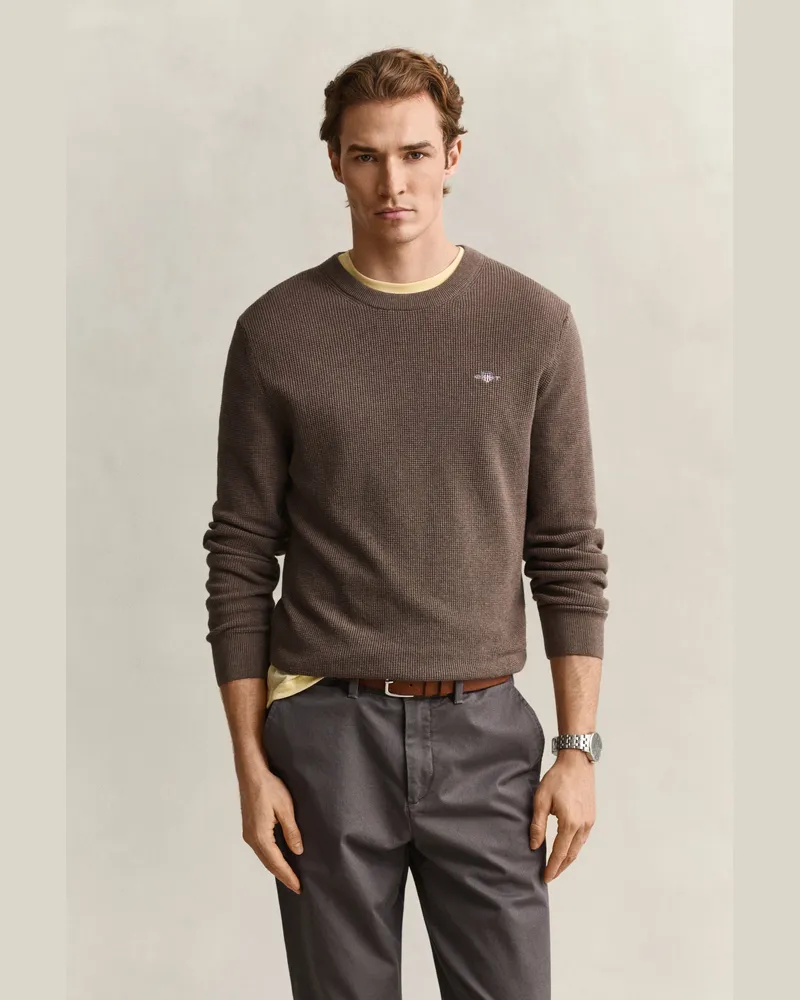 Gant Herren Rundhalspullover aus strukturierter Baumwolle DK HAZELNUT MELANGE Dk