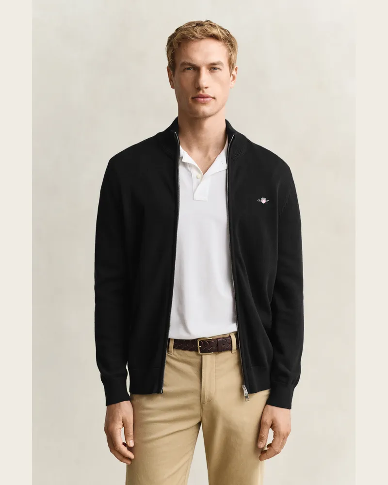Gant Herren Casual Cotton Strickjacke mit Reißverschluss Schwarz Schwarz