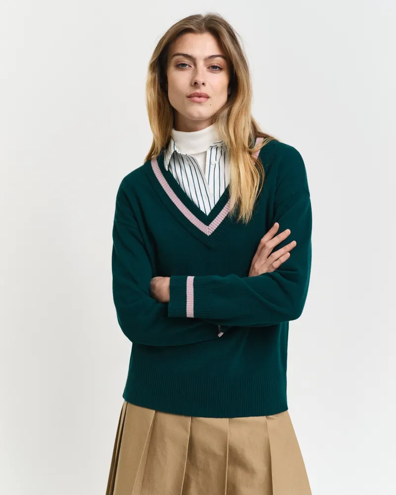 Gant Damen Superfine Lambswool V-Neck Pullover mit Kontrast 