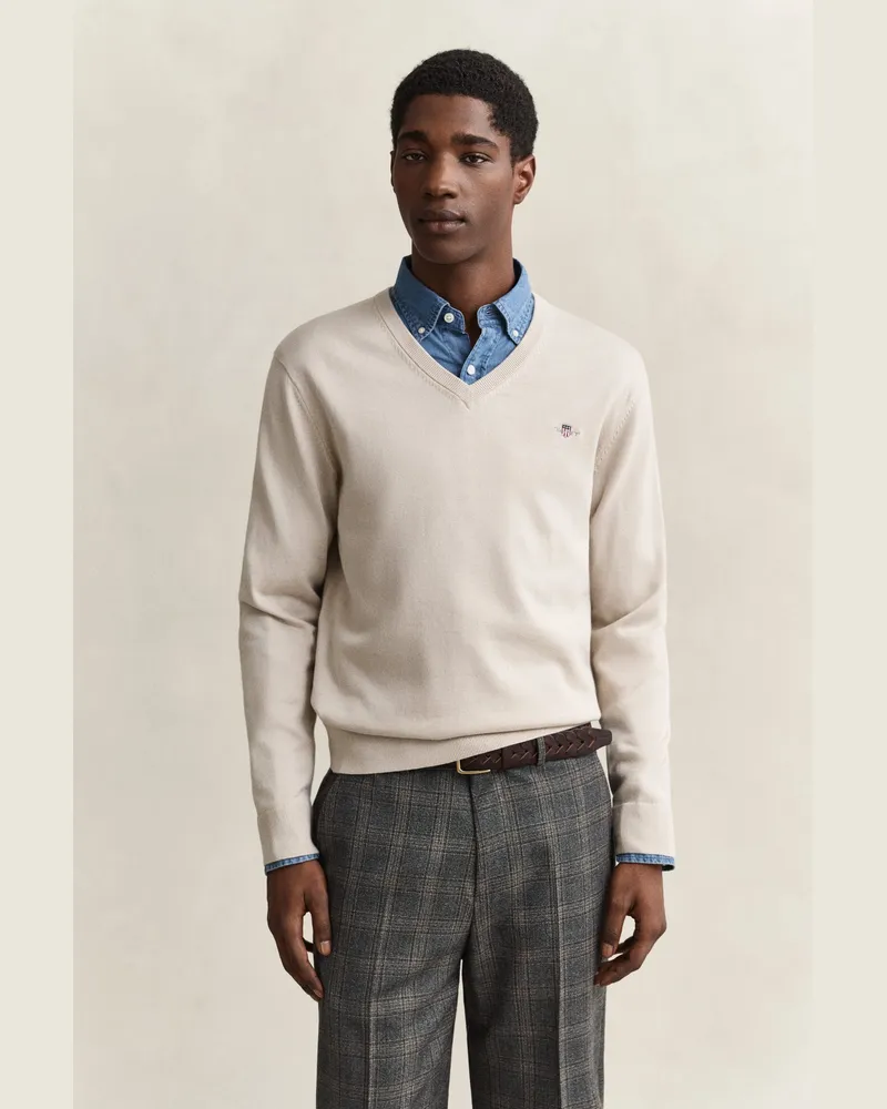 Gant Herren V-Neck Pullover aus Baumwolle CLAY BEIGE Clay