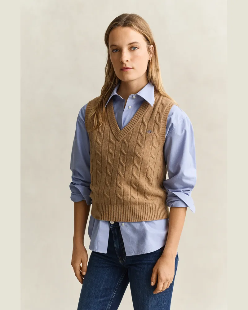 Gant Damen Zopfstrick Pullunder aus Lambswool WARM KHAKI Warm