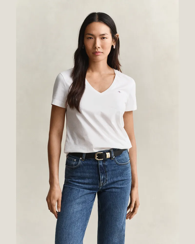 Gant Damen Shield V-Neck T-Shirt Weiß Weiß
