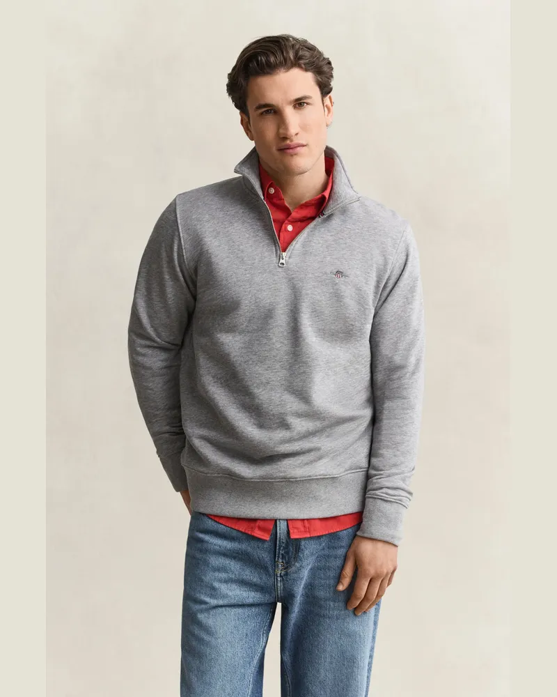 Gant Herren Shield Sweatshirt mit halblangem Reißverschluss Grau MELANGE Grau