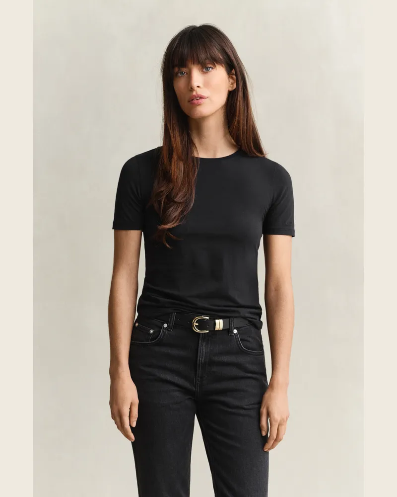 Gant Damen Leichtes T-Shirt aus Baumwolle Schwarz Schwarz