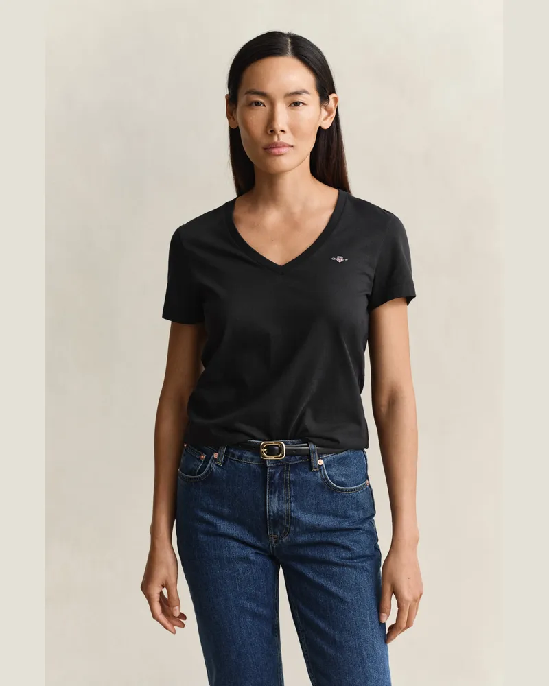 Gant Damen Shield V-Neck T-Shirt Schwarz Schwarz