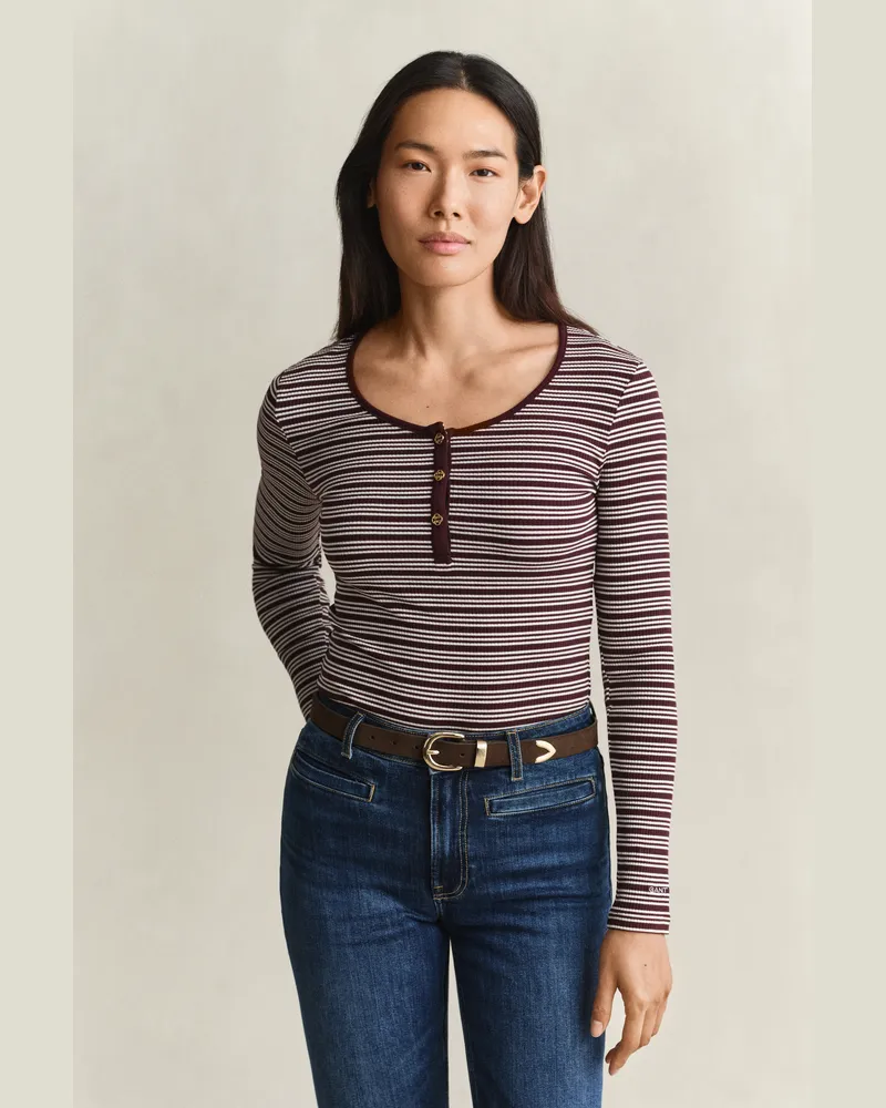 Gant Damen Geripptes langärmliges Henley-Shirt DARKENED WINE Darkened