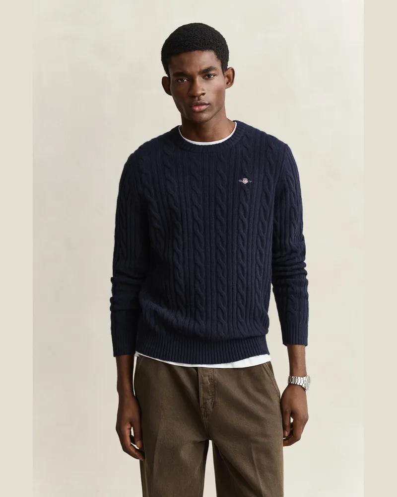 Gant Herren Lambswool Zopfstrick Rundhalspullover EVENING Blau Evening