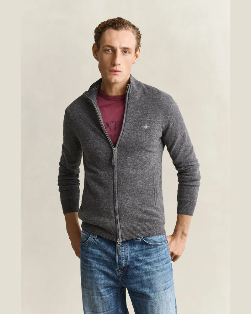 Gant Herren Strickjacke aus Lambswool mit Reißverschluss CHARCOAL MELANGE Charcoal