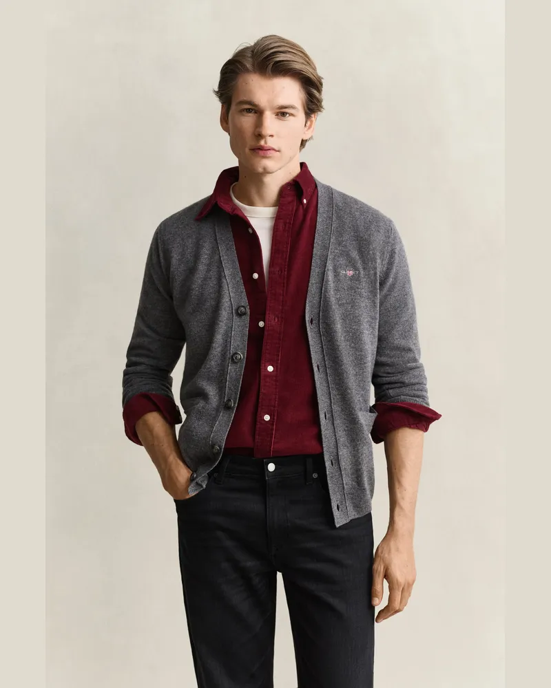 Gant Herren V-Neck Strickjacke aus Lambswool CHARCOAL MELANGE Charcoal