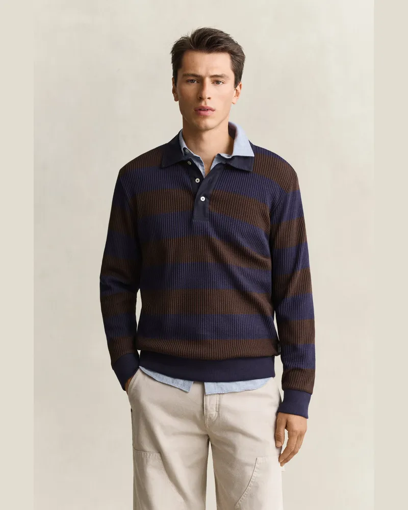 Gant Herren Gestreiftes Poloshirt mit Waffelstruktur Schwarz Braun Schwarz