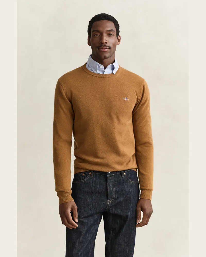 Gant Herren Rundhalspullover aus Lambswool CARAMEL Braun Caramel