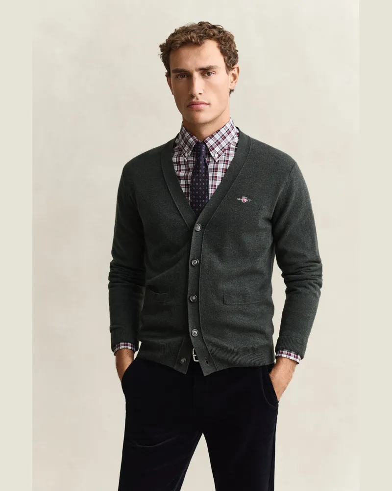 Gant Herren V-Neck Strickjacke aus Lambswool DARK MOSS Grün Dark
