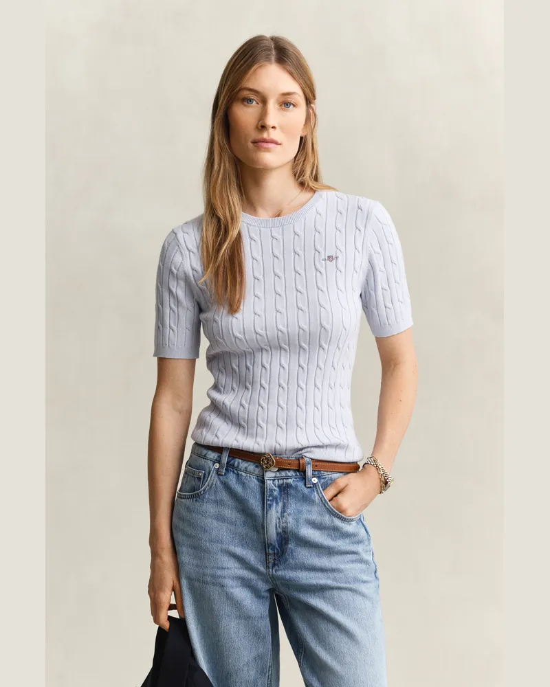 Gant Damen Kurzärmliger Zopfstrickpullover aus Baumwollstretch LIGHT Blau Light