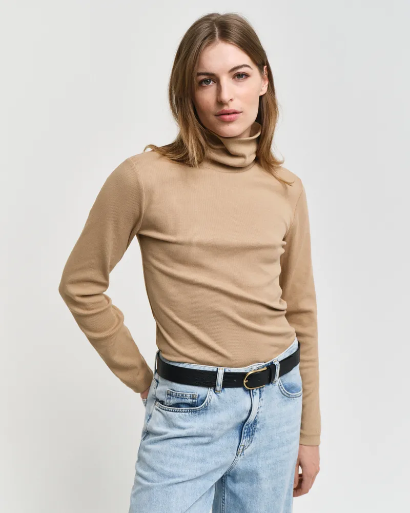 Gant Damen Geripptes Langarm-Rollkragenshirt 