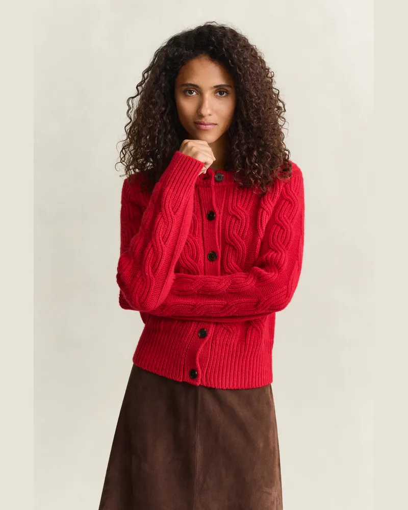 Gant Damen Strickjacke mit Zopfmuster aus Wollmix RUBY Rot Ruby