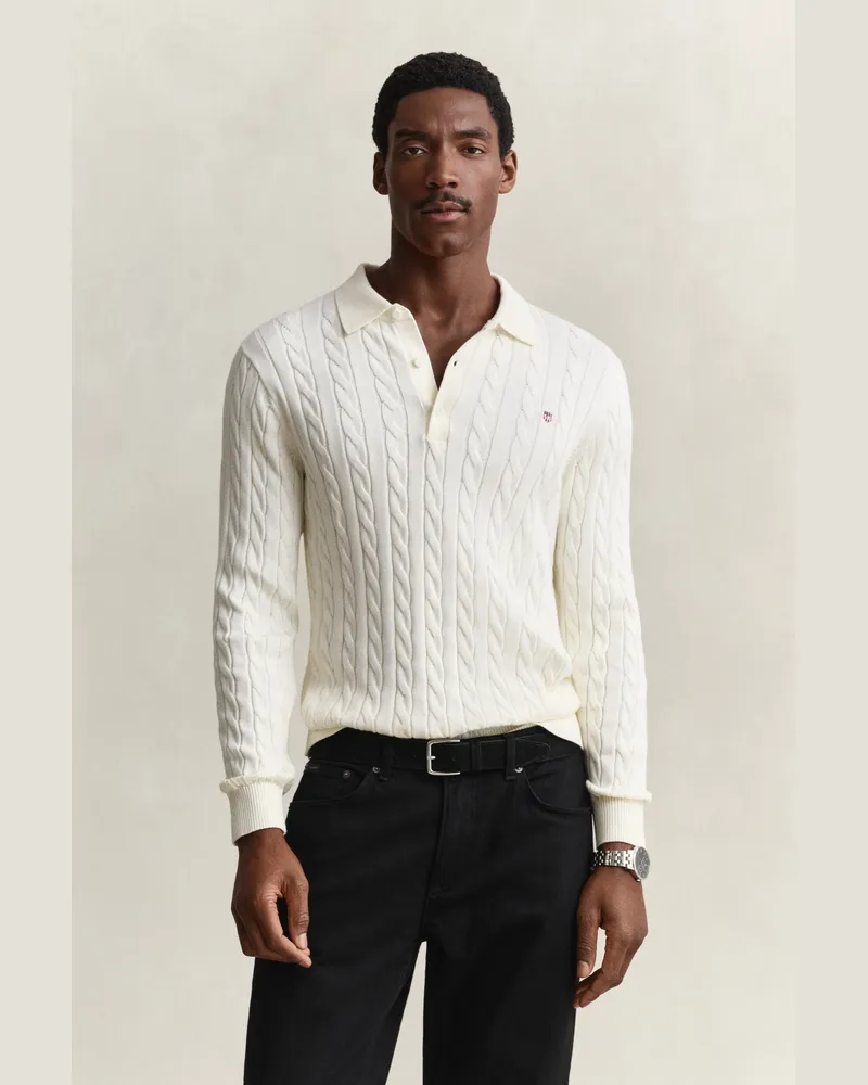 Gant Herren Zopfstrick Polopullover aus Baumwolle CREAM Cream