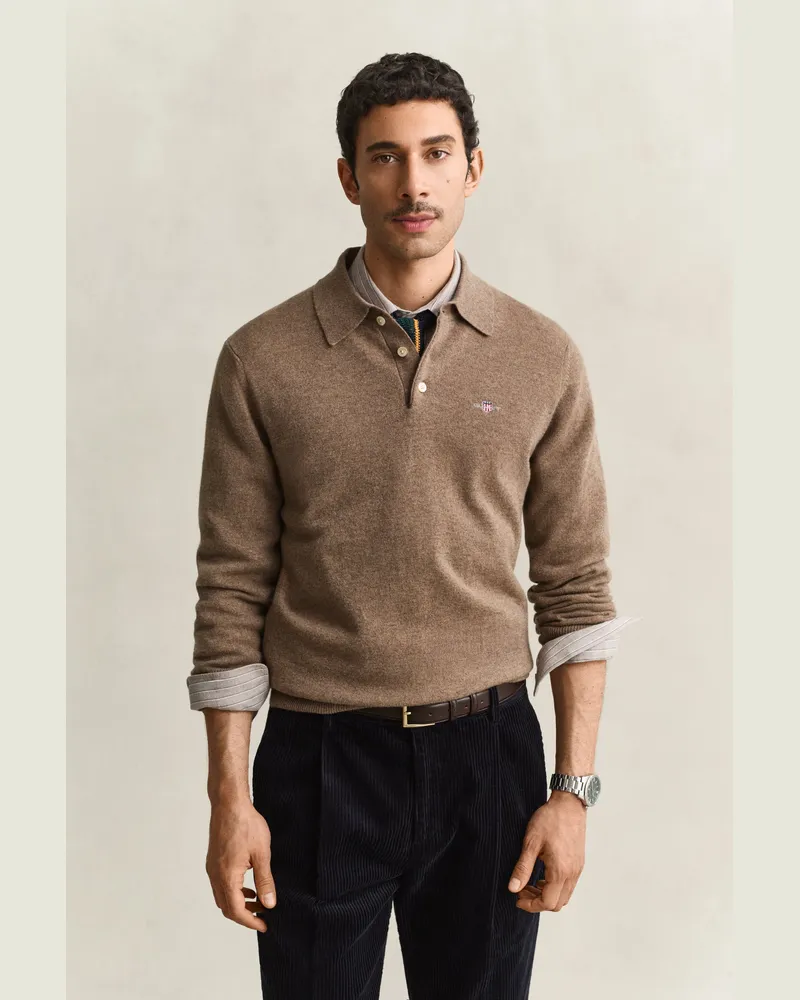 Gant Herren Superfine Lambswool Polopullover LIGHT Braun MELANGE Light