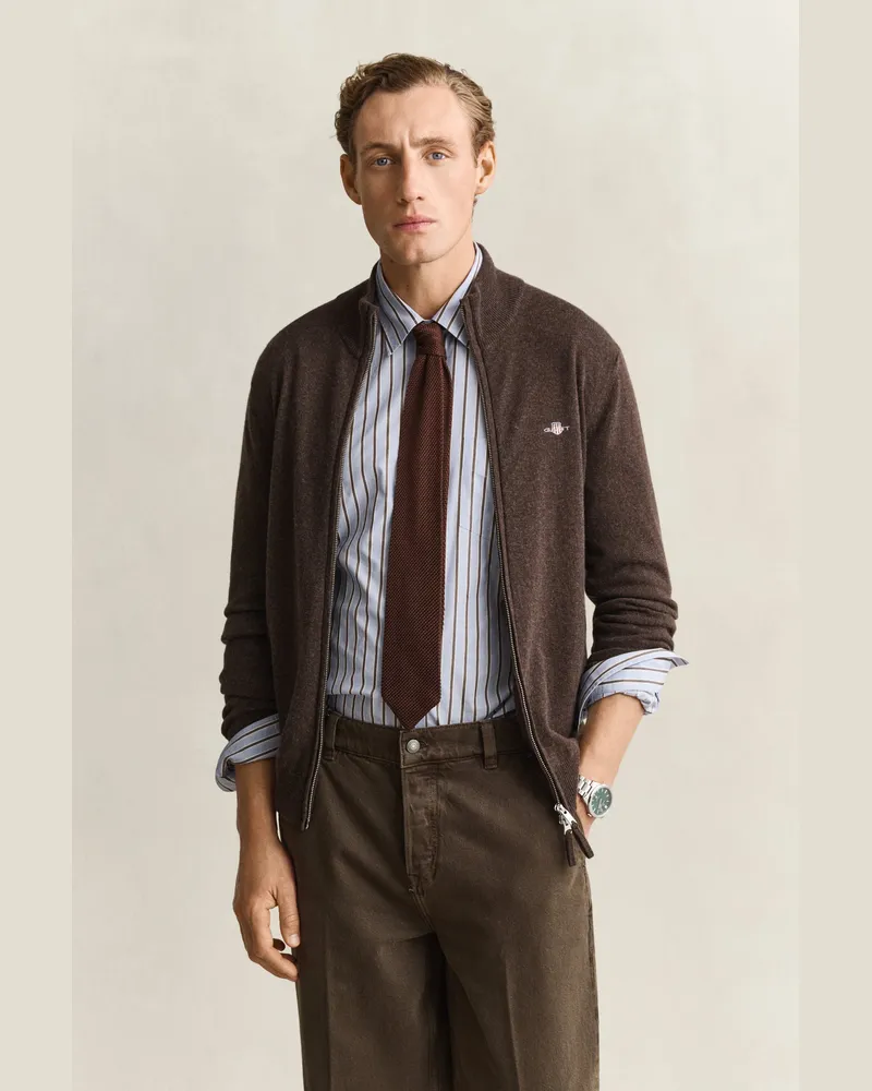Gant Herren Strickjacke aus Lambswool mit Reißverschluss DARK Braun MELANGE Dark
