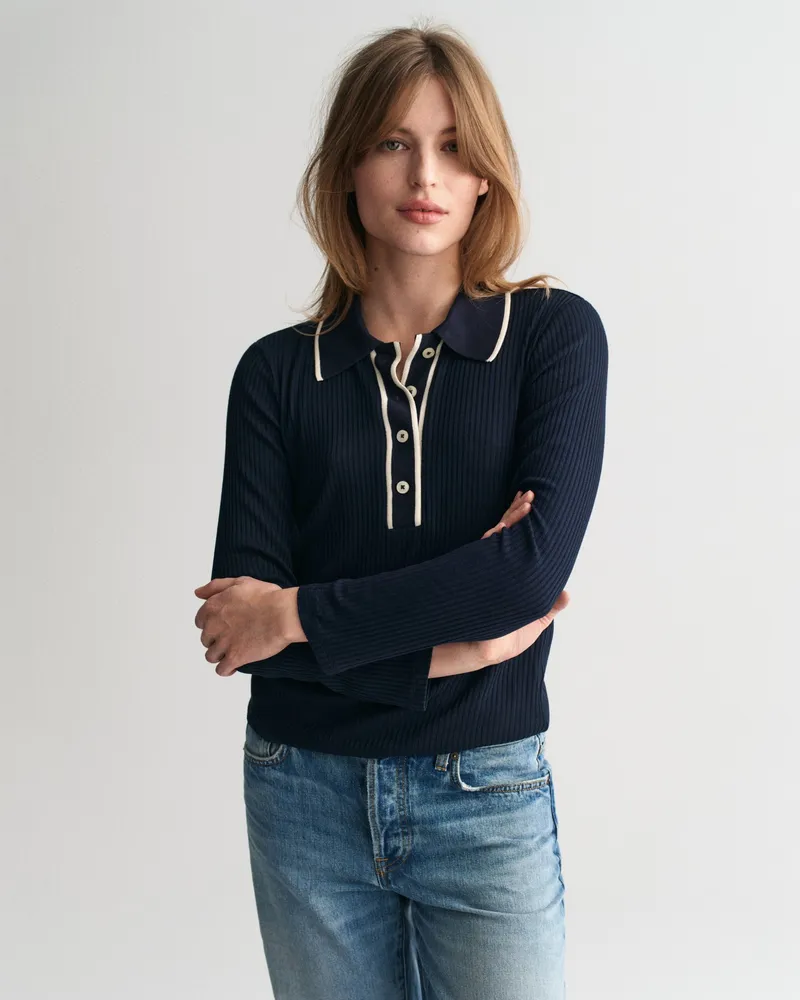 Gant Damen Geripptes Langarm-Poloshirt 