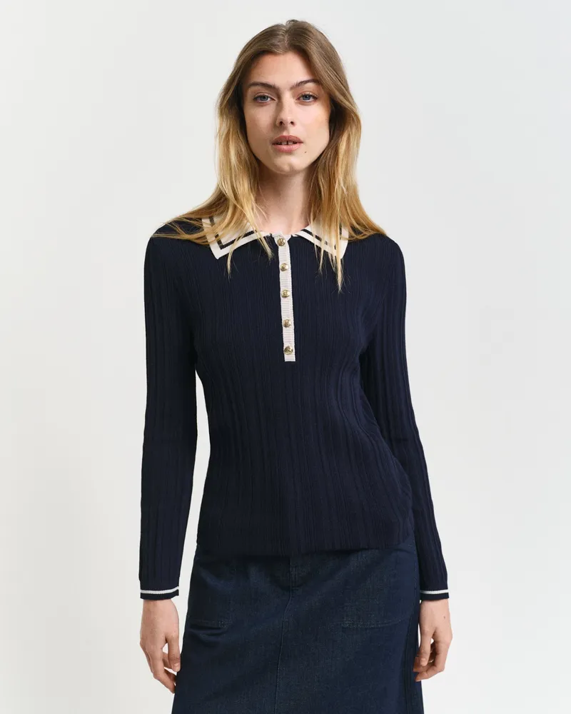 Gant Damen Gerippter Polopullover mit Kontrast 