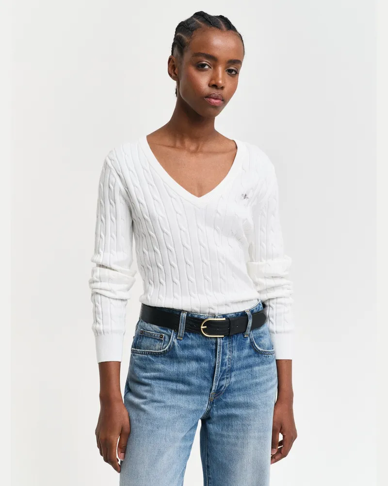 Gant Damen Zopfstrick V-Neck Pullover aus Stretch-Baumwolle 