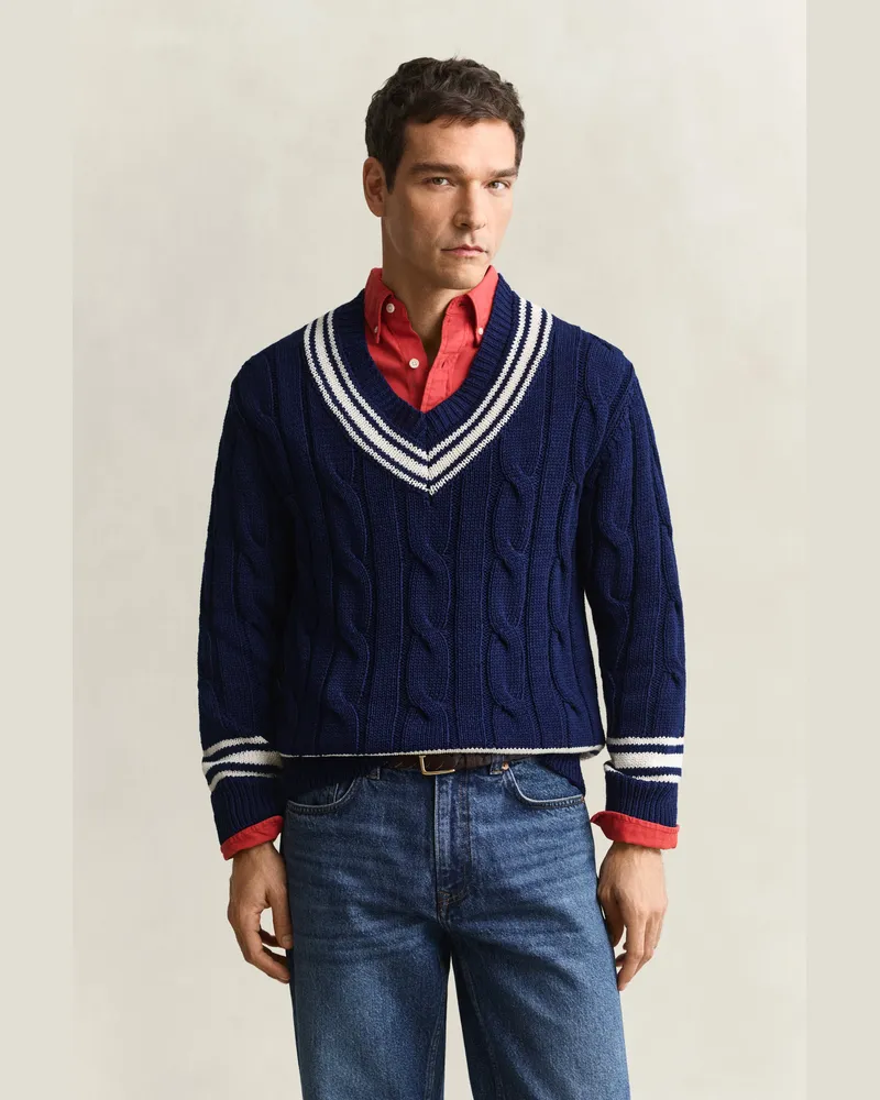 Gant Herren V-Neck Pullover mit Zopfmuster PERSIAN Blau Persian