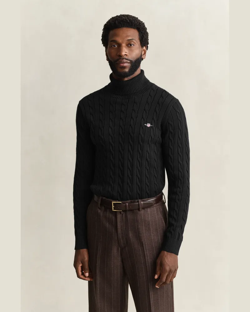 Gant Herren Zopfstrick Rollkragenpullover aus Baumwolle Schwarz Schwarz