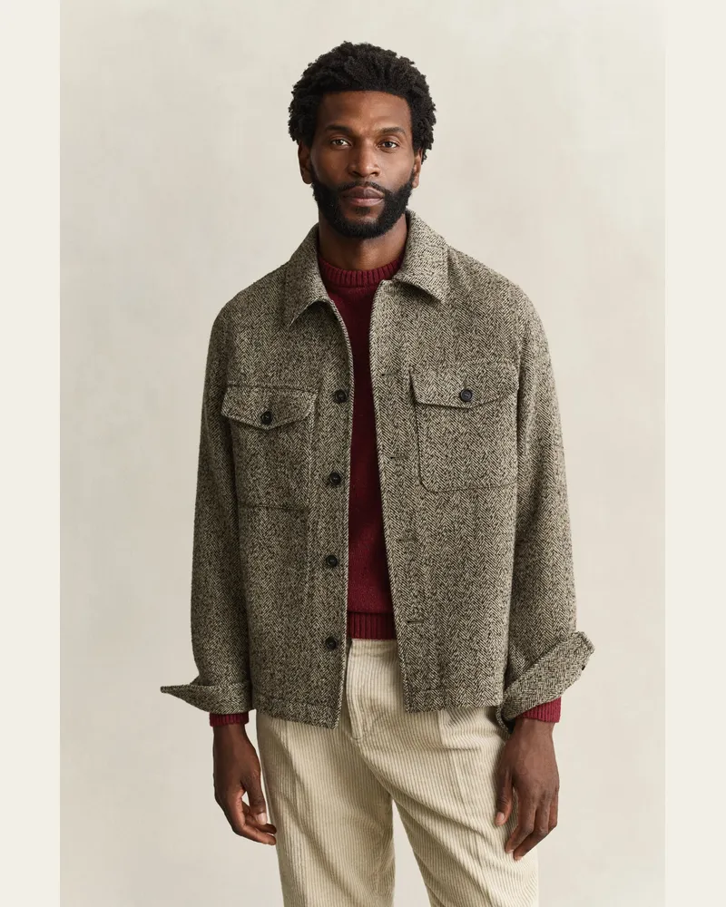 Gant Herren Hemdjacke mit Fischgrätmuster Schwarz Braun Schwarz