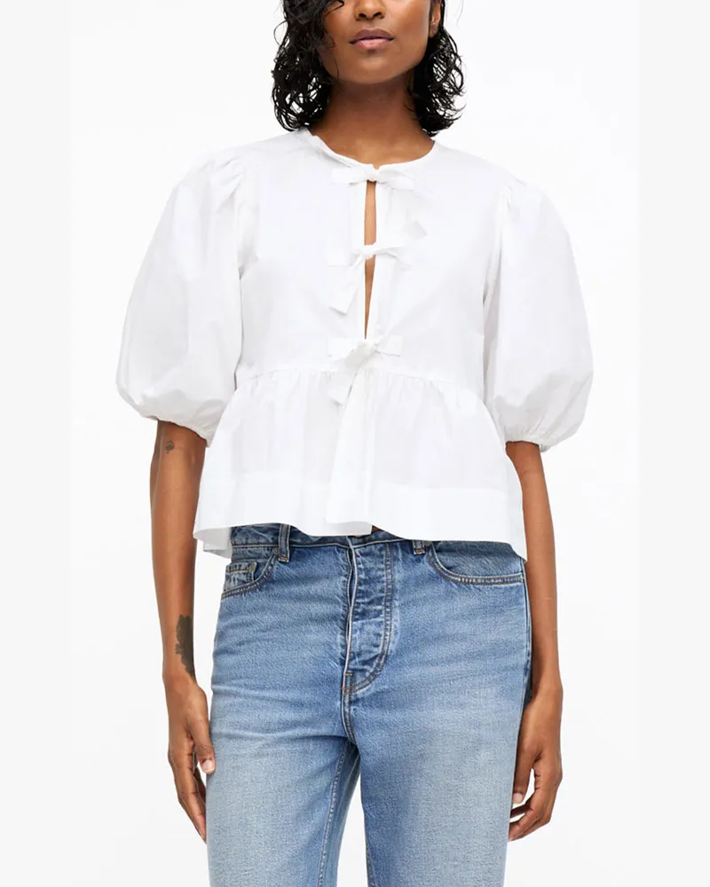 Ganni weiß Peplum-Bluse aus Baumwollpopeline mit Bindeband Bio-Baumwolle - Größe Weiß