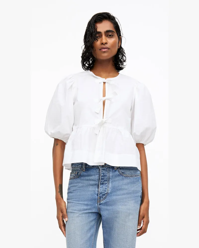 Ganni weiß Peplum-Bluse aus Baumwollpopeline mit Bindeband Baumwolle - Größe Weiß