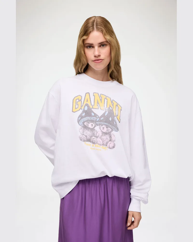 Ganni weiß Langärmliges T-Shirt mit Pilz-Teddy Bio-Baumwolle - Größe Weiß