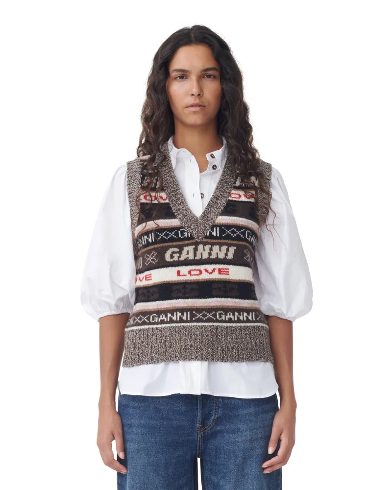 Ganni Braune Wool-Mix-Weste mit Logo - Größe Shaved Chocolate Shaved