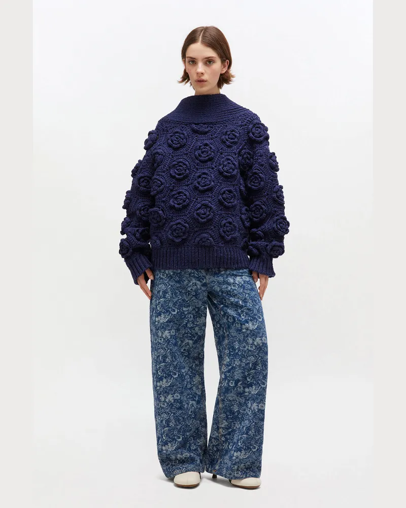 Ganni marineblau Dunkelblauer Häkelpullover mit Blumenmuster Wolle - Größe Marineblau