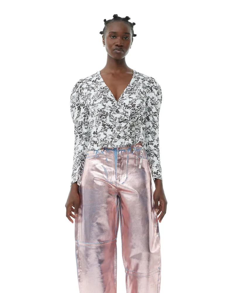 Ganni weiß Floral Twill Wrap Bluse Ecovero Viskose - Größe Weiß