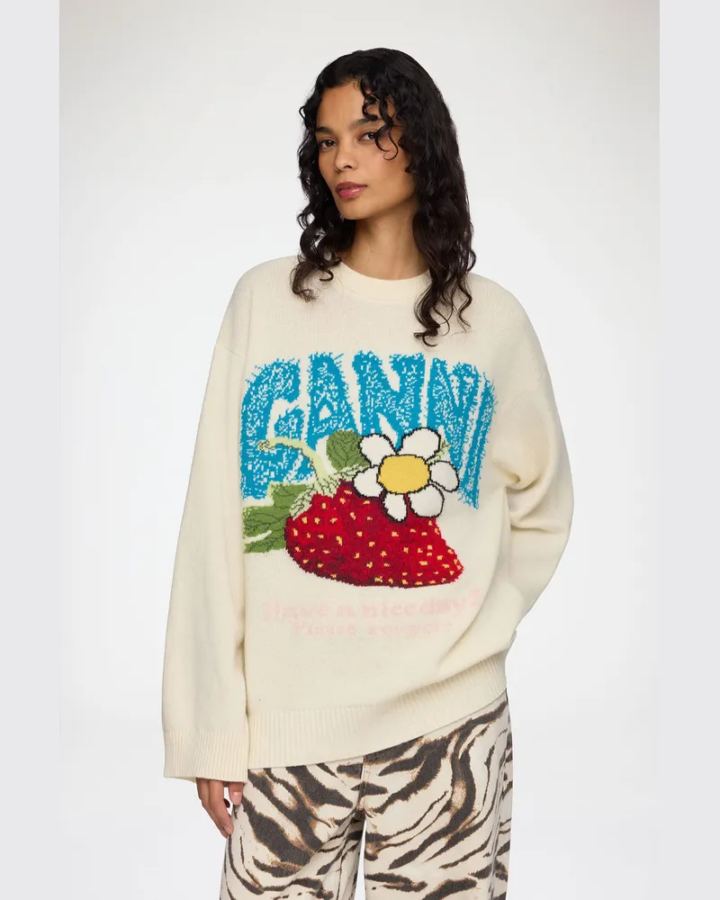 Ganni Oversize-Pullover mit Erdbeermuster weiß Weiß