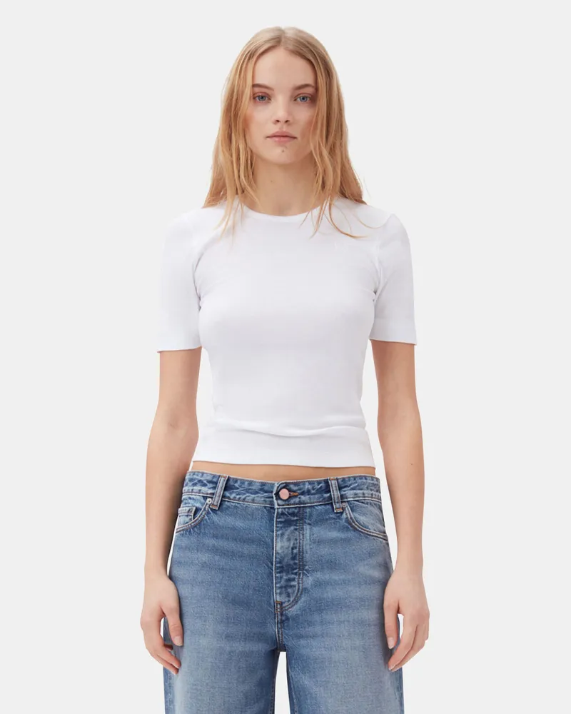 Ganni weiß Weißes Ripp-T-Shirt mit kurzen Ärmeln aus weicher Baumwolle Elastan - Größe Weiß